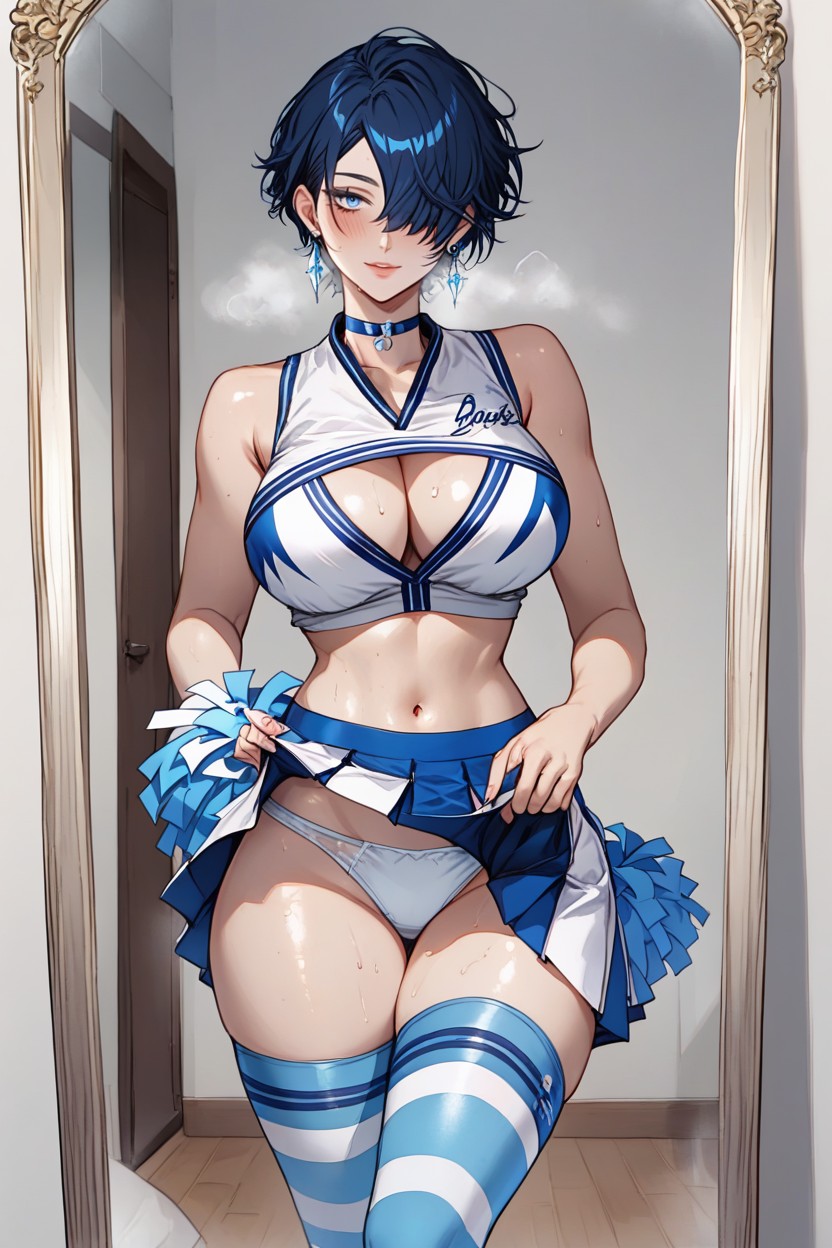 Horny, Deep Dark Blue Hair In A Sleek Bob, Happy Hentai AI Porn