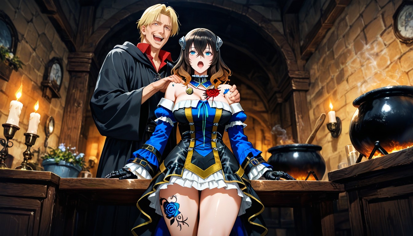 Oversized Black Armor Gauntlet Glove On Left Hand Covering Sleeve, Dim Lighting, Potions Hentai AI Porn