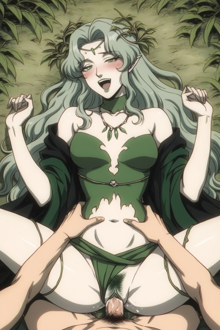 Thighs Exposed, Green Pubic Hair, Shinny Green Eyes Hentai AI Porn