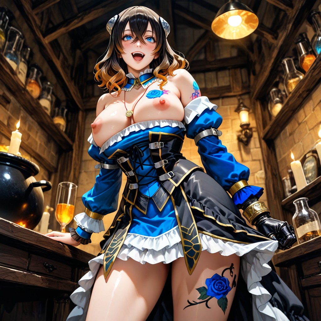Oversized Black Leather Gauntlet Glove On Left Hand, Book On Table, Left Collar Piece Missing Hentai AI Porn