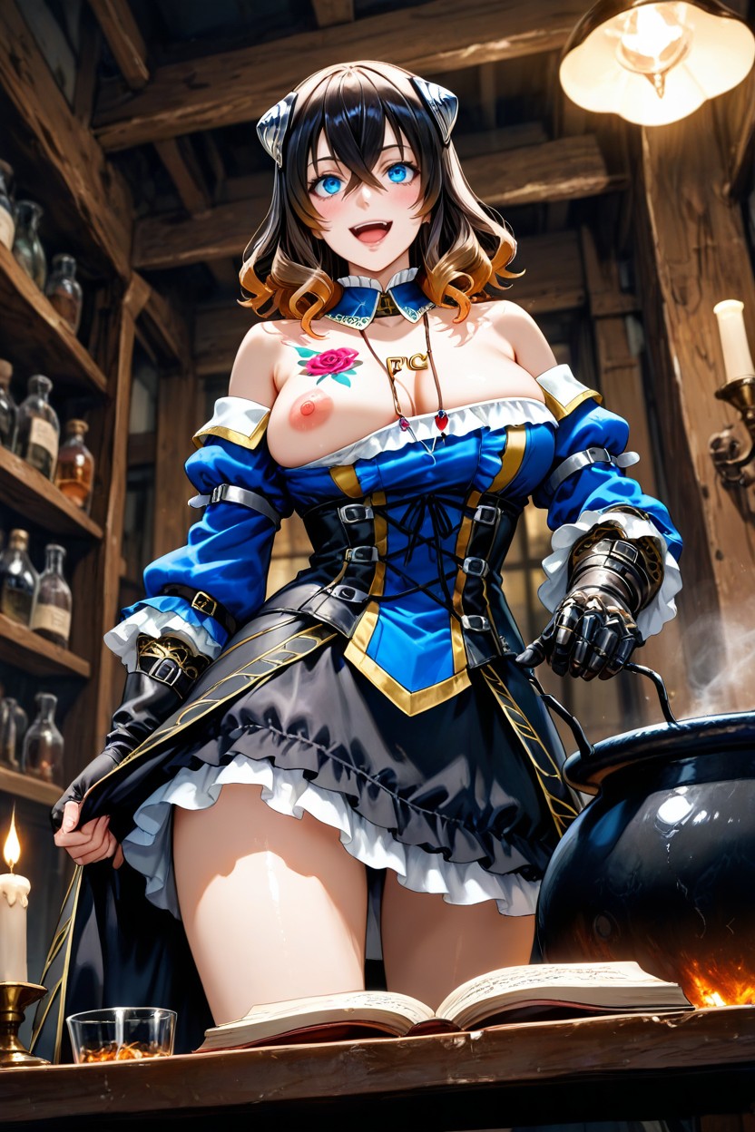 Gothic Victorian Style Outfit, Candle Lights, Blue Long Raglan Sleeve With Ornate Gold Trim And Frilly White Edges On Right Hand Hentai AI Porn