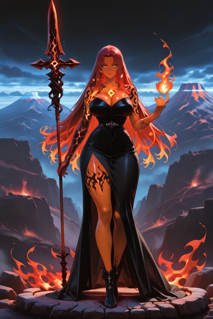 Stance Wide And Unshakable, Glowing Magma Veins Across The Dark Rock, Golden Ethereal Flame Surrounding Body Hentai AI Porn