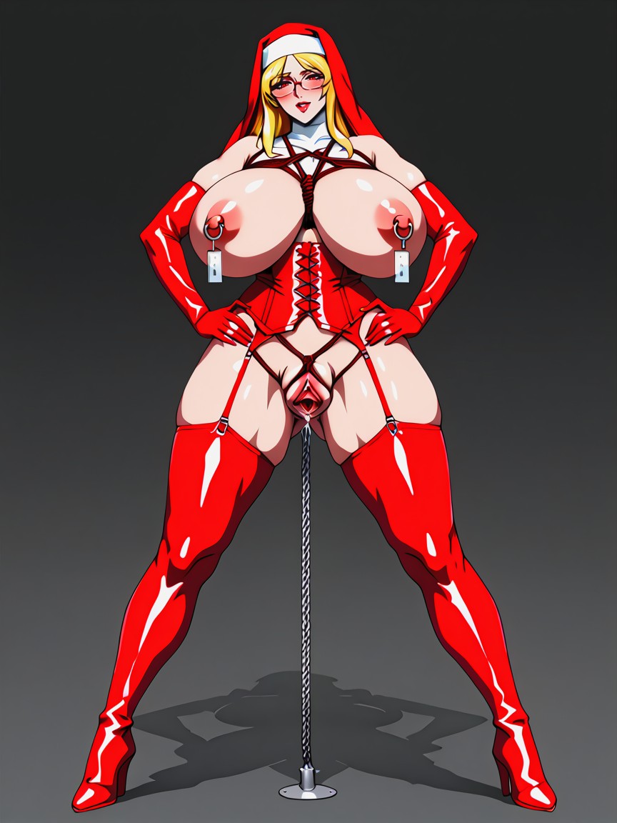 Red Thigh High Latex Boots, Perfect Massive Breasts, Long Red Nylon Gloves Hentai AI Porn