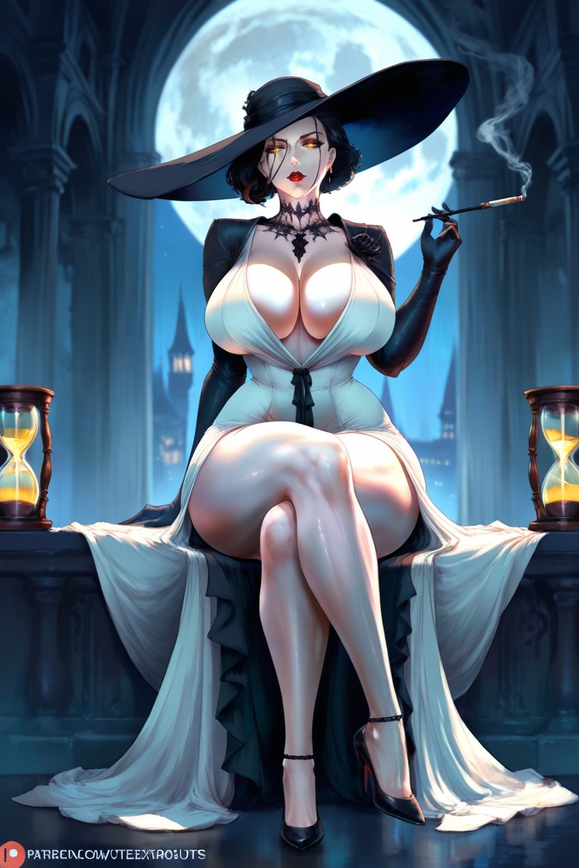 Bright Yellow Eyes, Cleavage, Sitting Cross-legged Hentai AI Porn