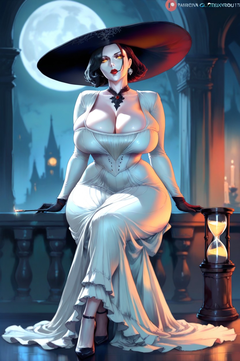 Lady Dimitrescu White Dress, Night Outside, Holding A Cigarette Holder Hentai AI Porn