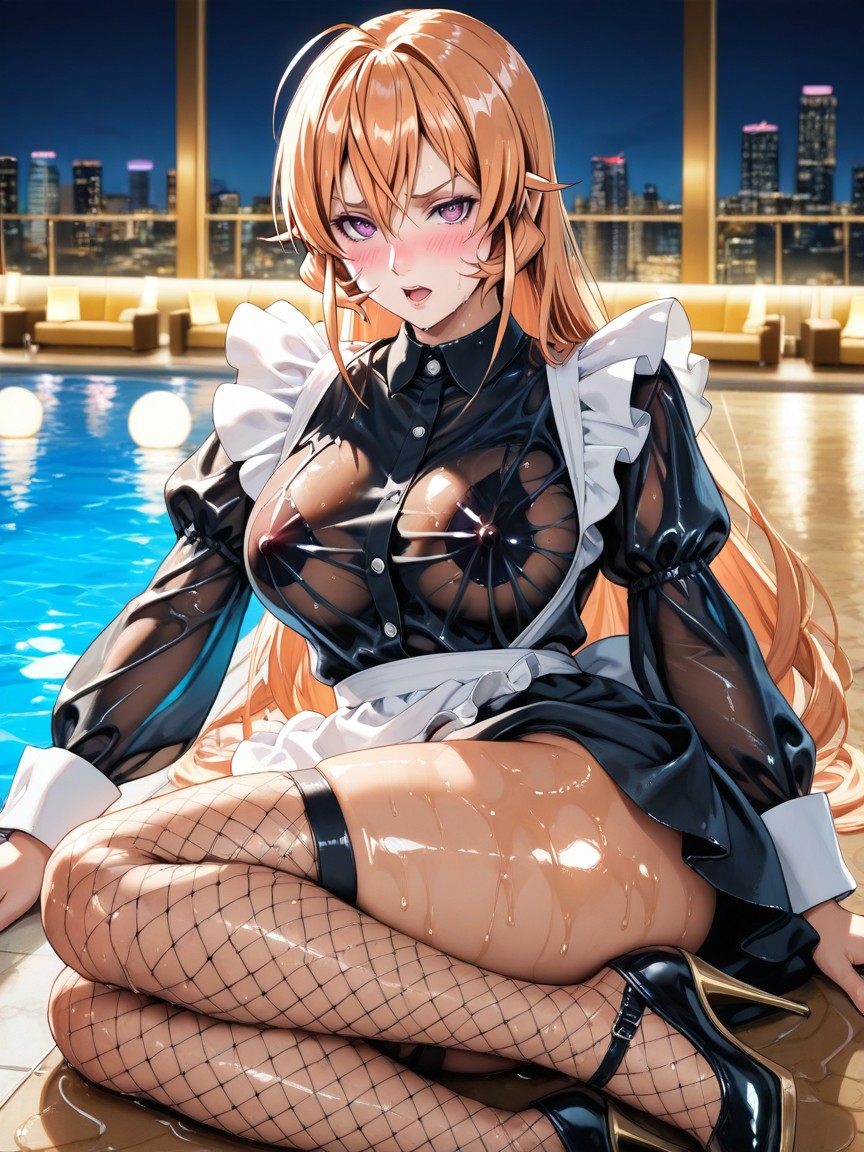 Warm Desaturated Colours, Wet Clothes, Luxurious Poolside Hotel Cocktail Bar Hentai AI Porn