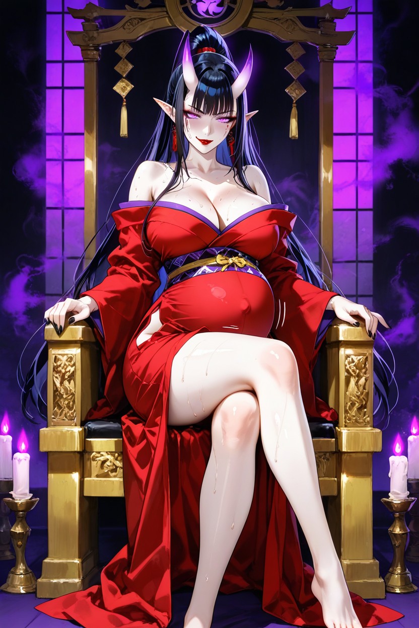 Legs Crossed, Glowing Purple Eyes, Sitting On Japanese Golden Throne Hentai AI Porn