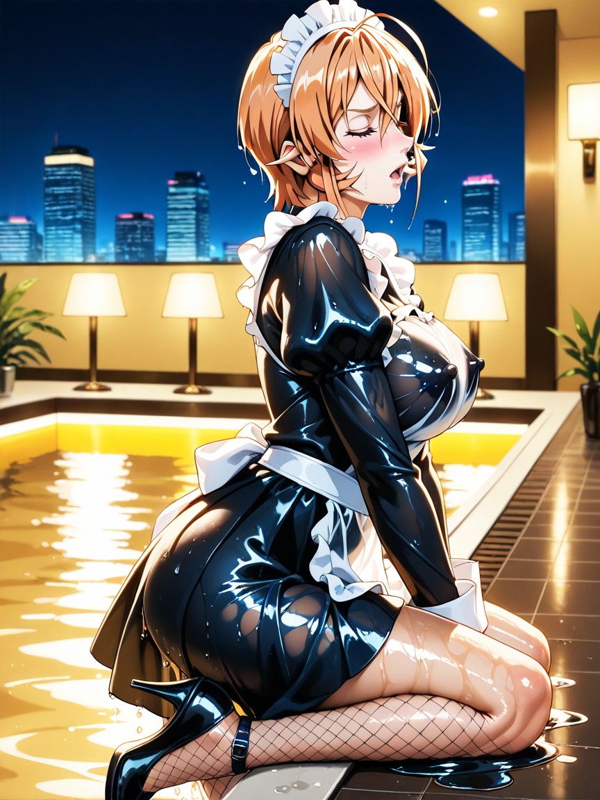 Dark Lighting, Wearing Extremely Provocative Seethrough French Maid Uniform, Long Sleeves Hentai AI Porn