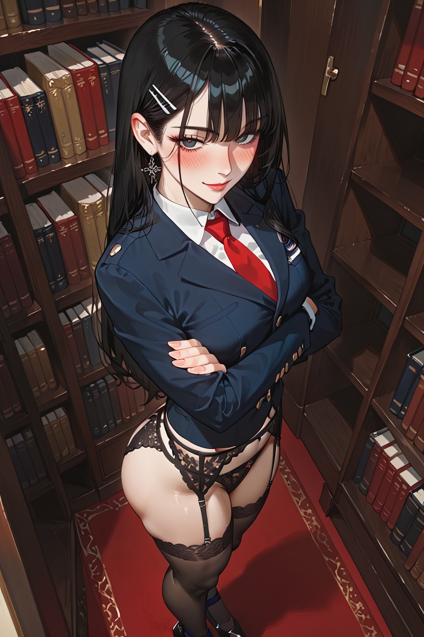 Blue Checked Skirt, Black Garter Belt, Full Hair Hentai AI Porn