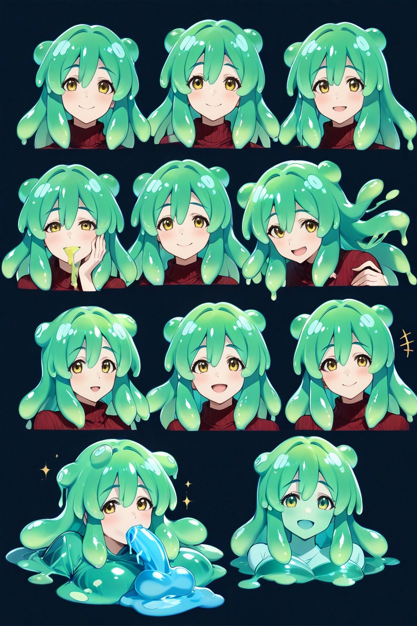 Pale Green Skin, Shiny Slime Skin, Slime Jelly Bangs Hentai IA