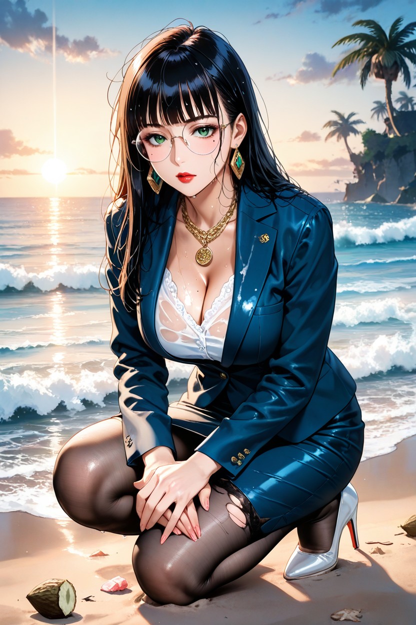 Oval Face, On The Beach, Navy Blouse Jacket Porno IA Hentai