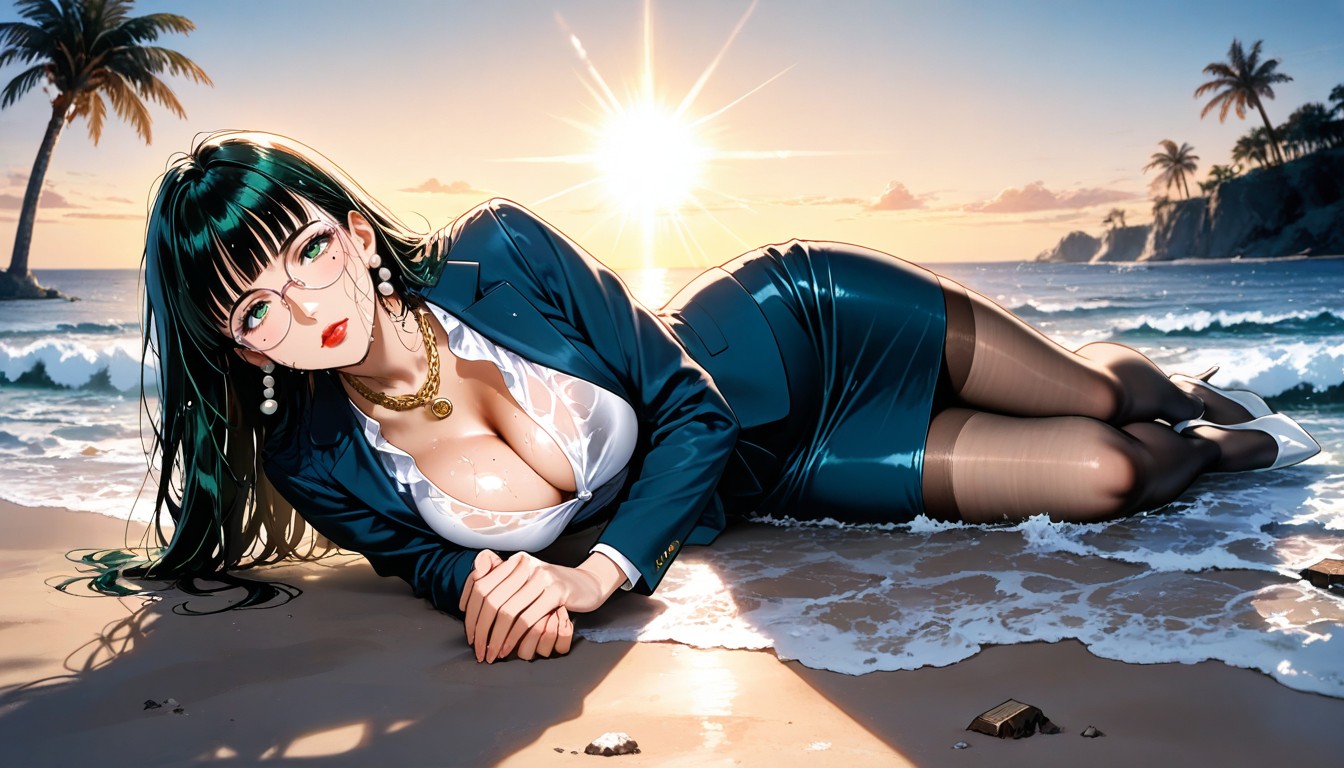 Ripped Clothes, Laying On Side On Beach Sand, Navy Blouse Jacket Porno IA Hentai