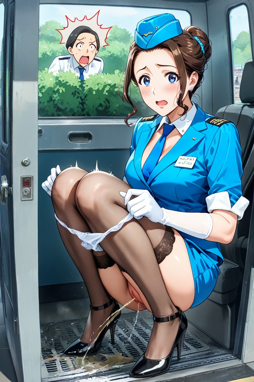 The Gets Up, Dressed As A Sexy Flight Attendant, Shoes Hentai AI Porn