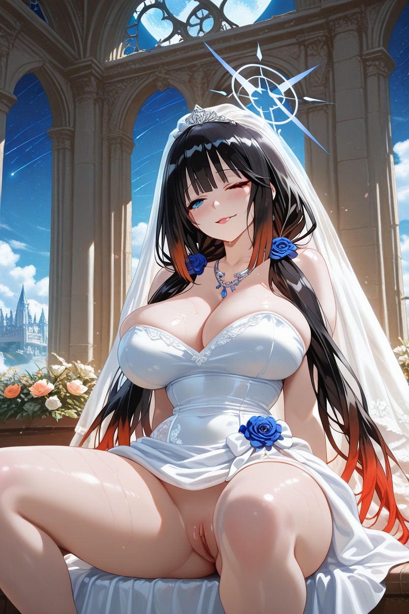 Clear Blue Sky, Anime Style, Saori From Blue Archive Hentai AI Porn