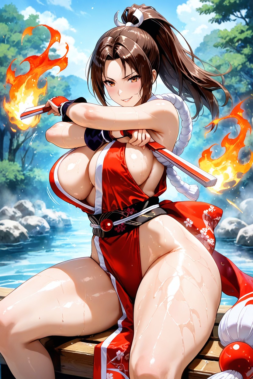 Fan Weapon, Red Sleeveless Leotard, Street Hentai AI Porn