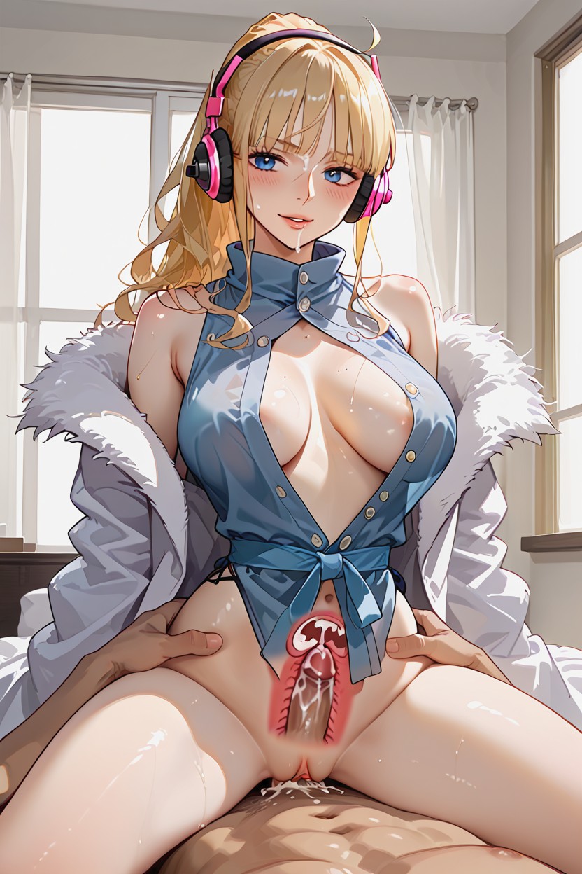 Wearing Pink Headphones, Front Completely Sealed, Bright Blue Eyes Hentai IA