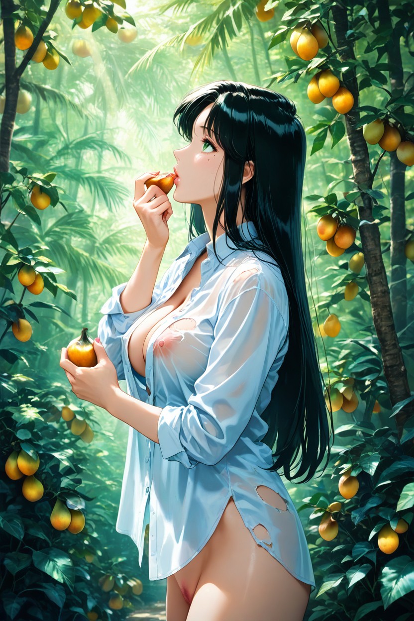 Black Hair, Limp Loose Hair, And Torn And Tattered Unbuttoned White Shirt Hentai AI Porn