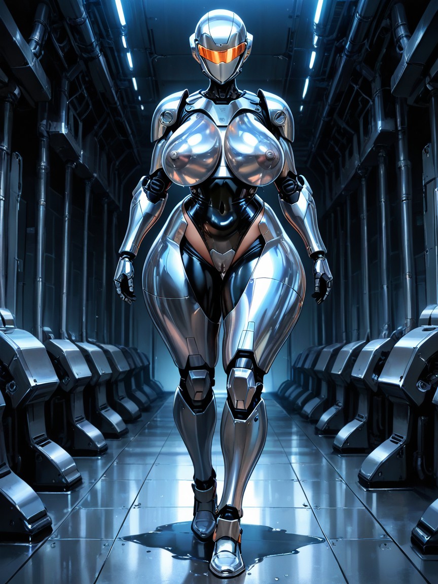 Oiled Skin, Android, Metallic Silver Crotch Armor Hentai AI Porn