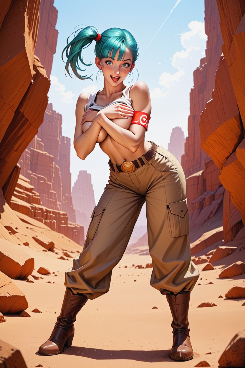 Skinny, Bending Over, Brown High-waisted Utility Pants With Belt Hentai AI Porn