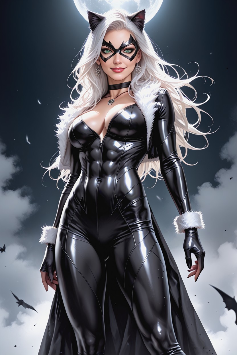 Fit, Black Domino Mask, Long Flowing Platinum White Hair Hentai AI Porn