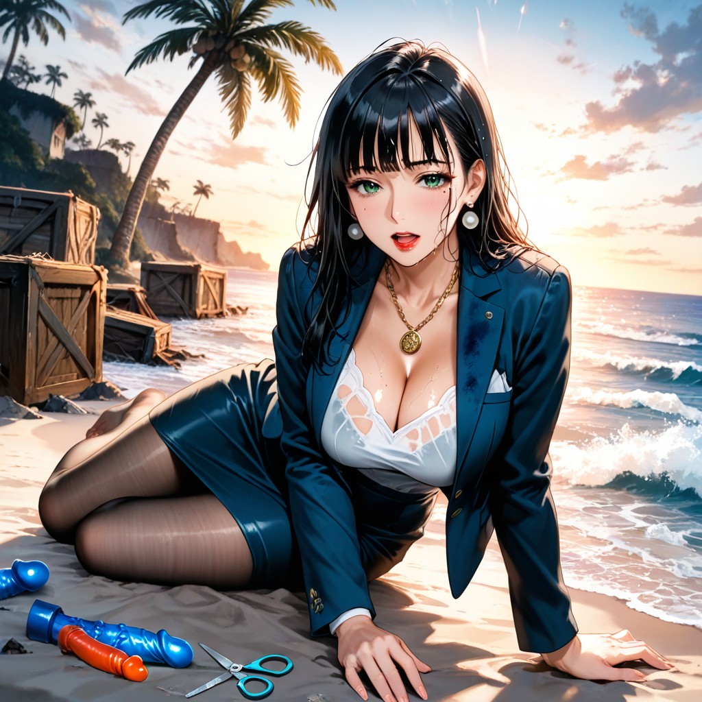 Front View, High Ocean Waves In Background, Clothes Scattered Around Hentai AI Porn