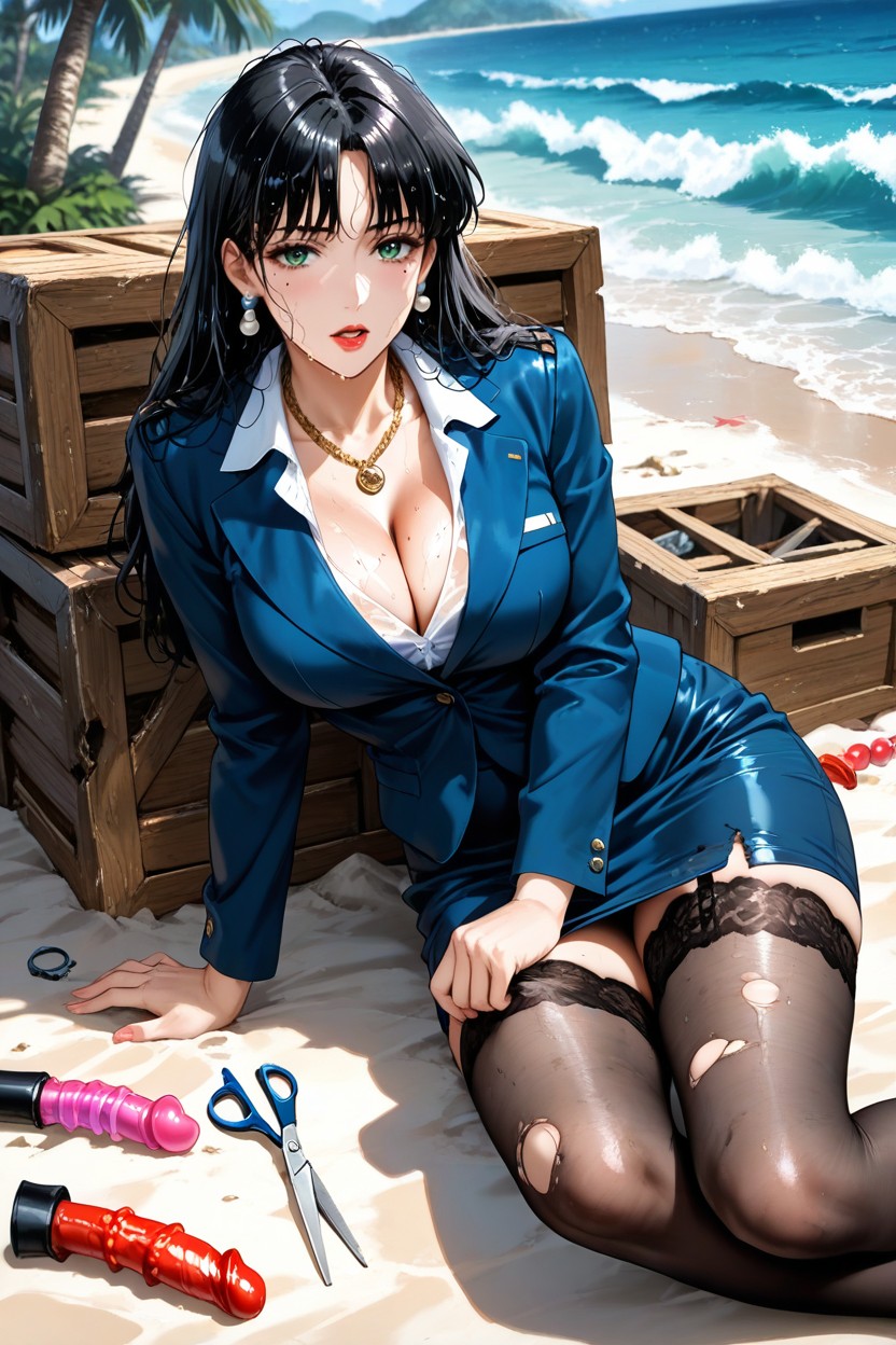 Laying On Side On Beach Sand, Side View, Wet Clothes Hentai AI Porn