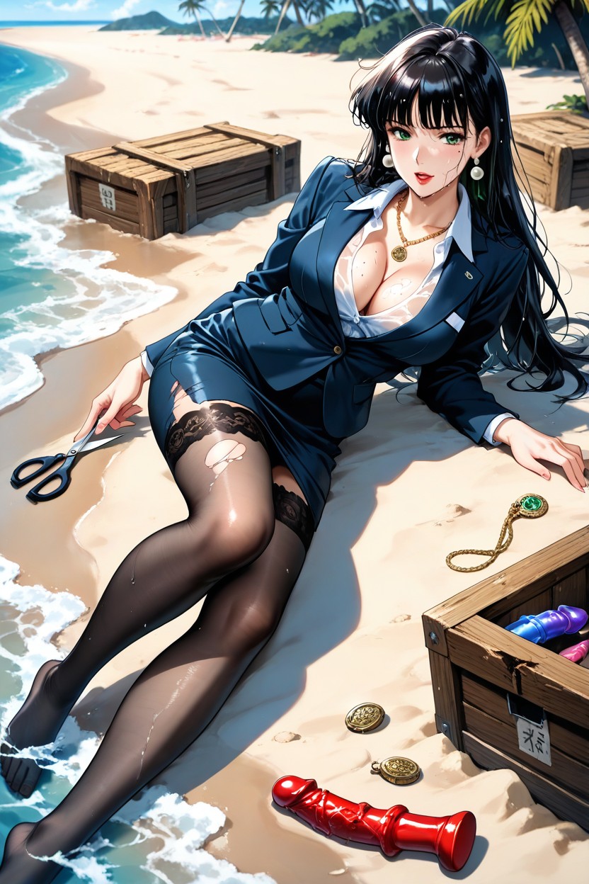 Messy Hair, Breast Cleavage, Scissors Scattered Around Hentai IA