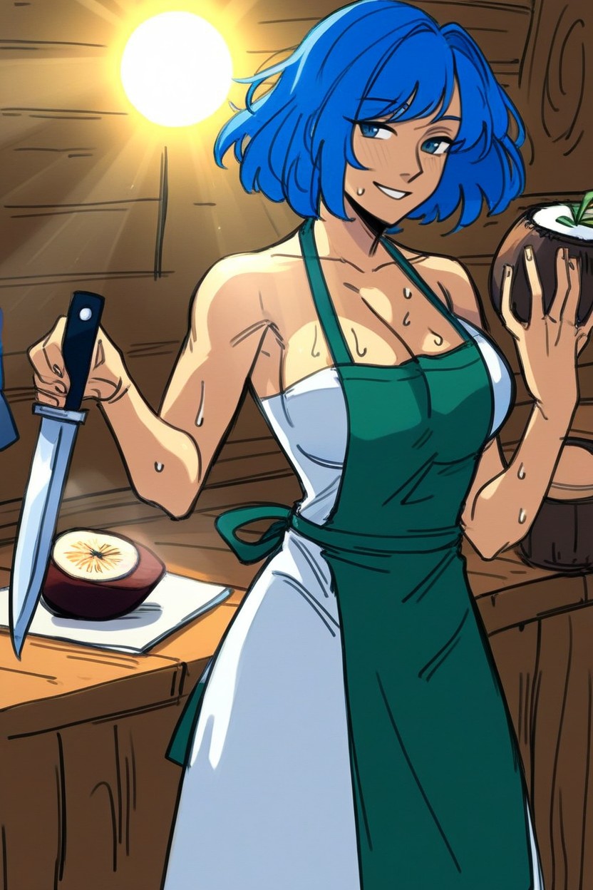 Bobcut, Spreading Legs, Blue Hair Hentai AI Porn