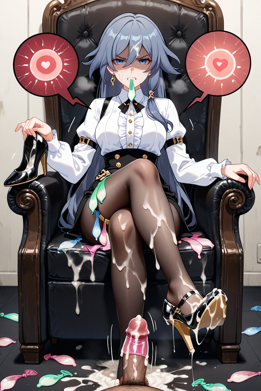 Holding Many Used Condom In Mouth, Cum On Shoes, Foot Stepping Into Semen Soaked High Heels Hentai AI Porn