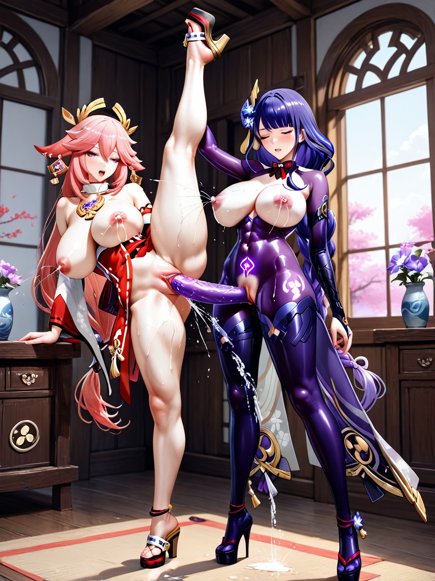Uncensored, Lesbian Sex, Double Side Dildo-penis Thrusts In Both Vaginas Hentai AI Porn