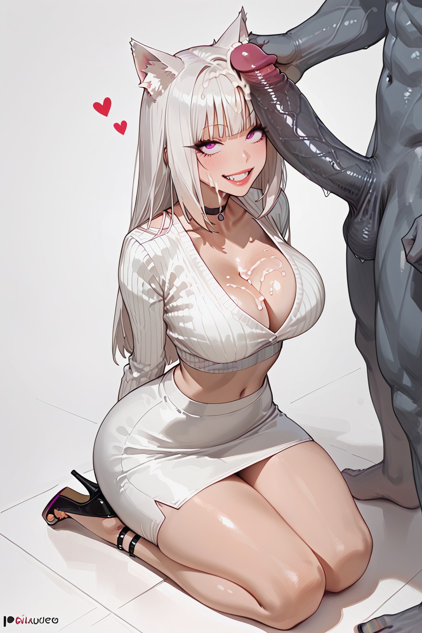 Open Crop Top, Pencil Waist, White Skirt Hentai IA
