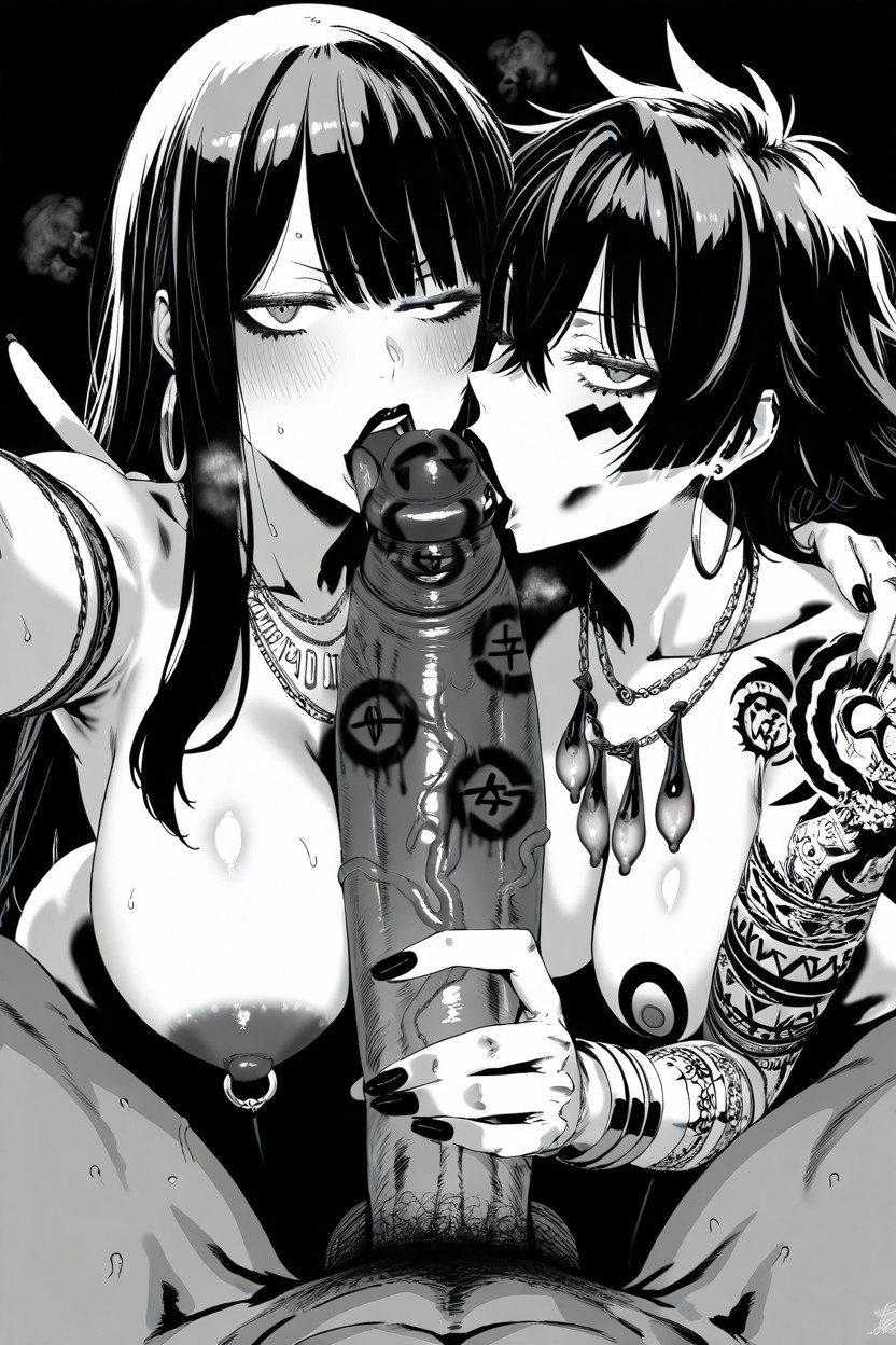 Smoke From Mouth, Extremely Pointed Lips, Two Women Hentai AI Porn