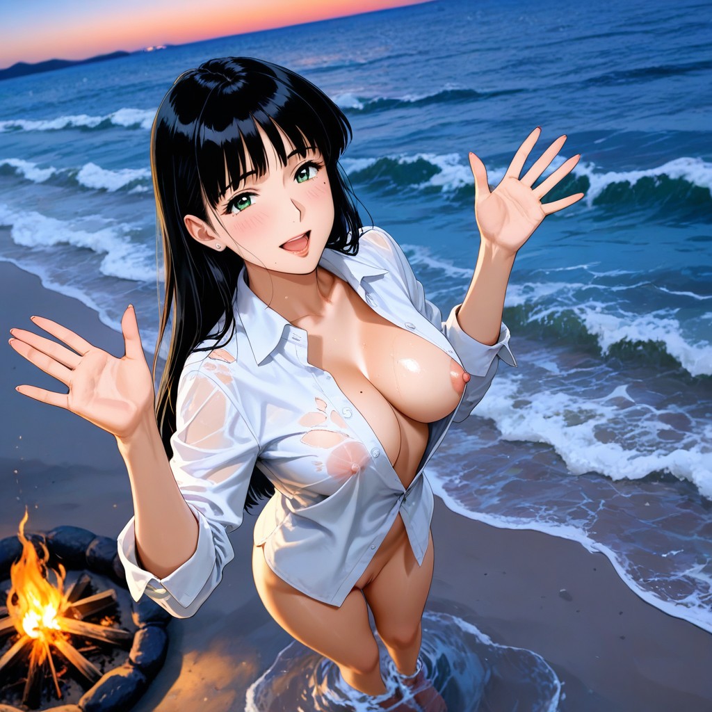 Modern Yacht On The Ocean In Background, And Torn And Tattered Unbuttoned Collared White Shirt, Side View Hentai AI Porn
