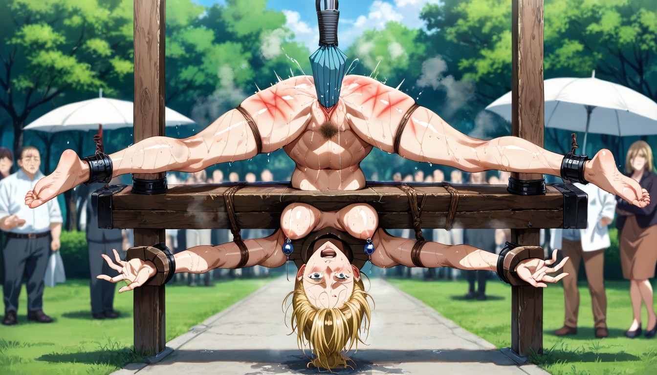 Mucha Gente Alrededor, Steam Coming From Body, Hanging In Upside Down Position Hentai IA