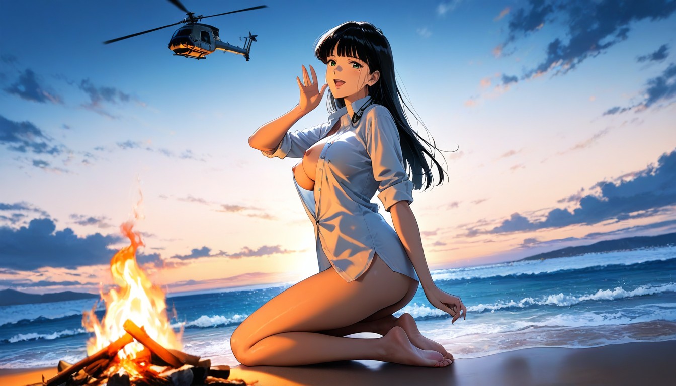 Long Permed Hair, Green Eyes, Happy Expression Hentai AI Porn