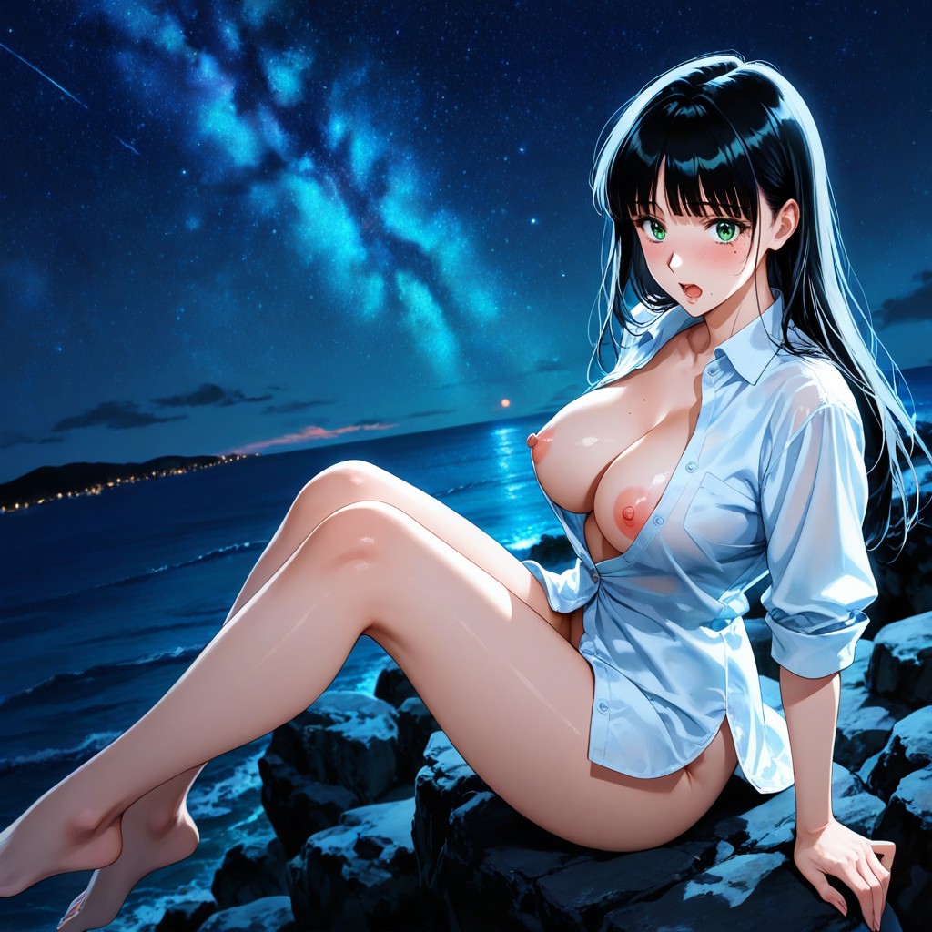 Solid Blunt Hair Bangs, Cinematic, Both Legs Hanging Hentai AI Porn