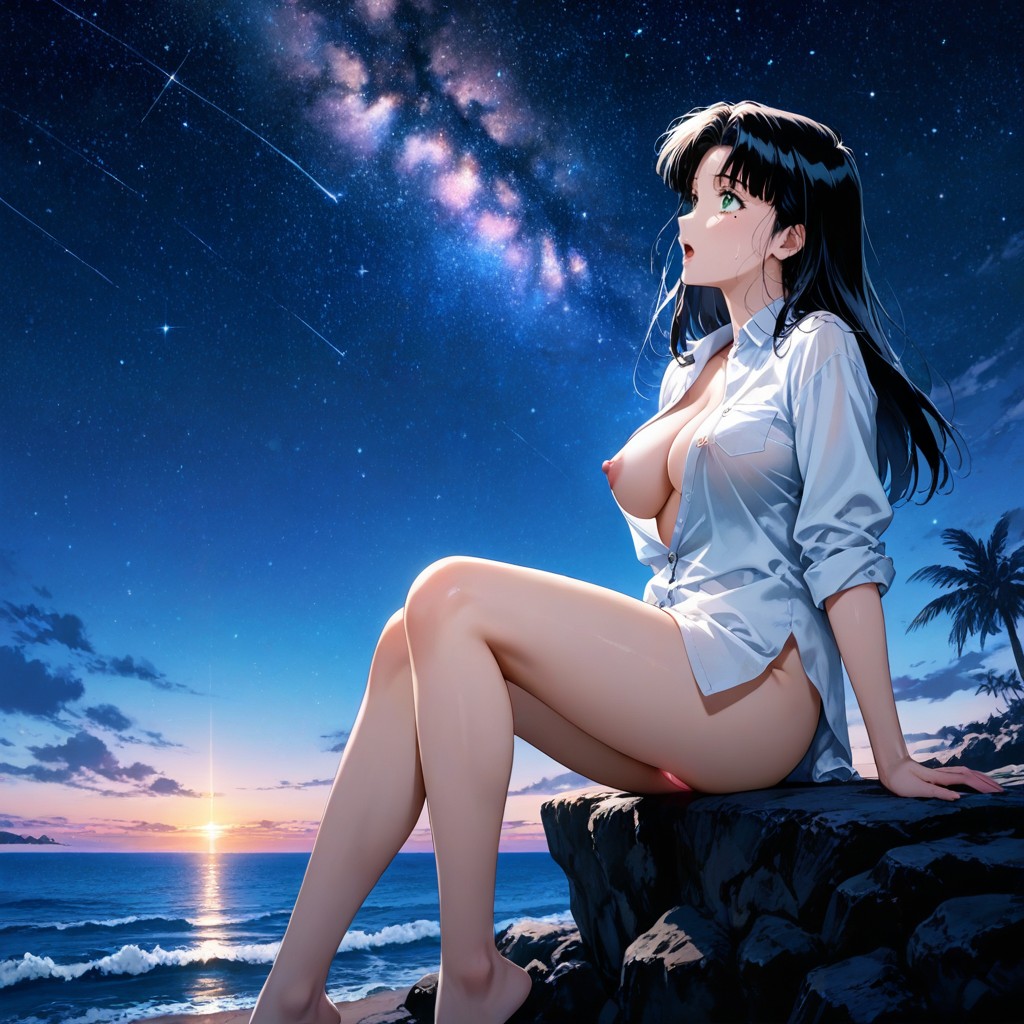 Soft Lighting, Starry Skies, Shirt Missing Buttons Hentai AI Porn
