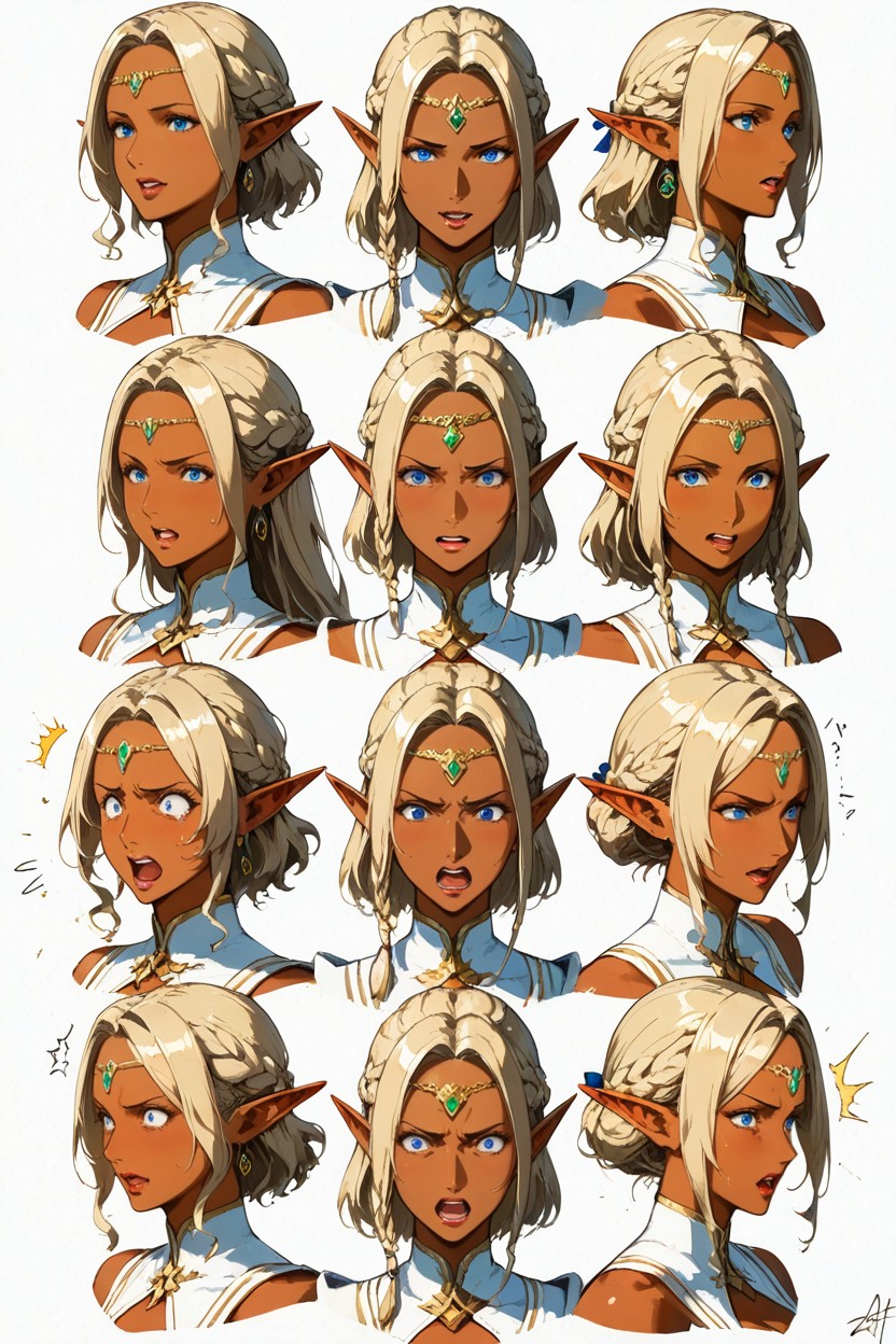 Same Character In All Images, Dark Skin Elf, A Series Of Semi-portrait Images Hentai AI Porn