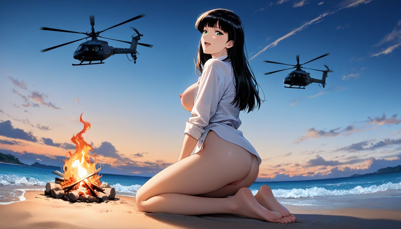 Detailed, And Torn And Tattered Unbuttoned Collared White Shirt, Green Eyes Hentai AI Porn