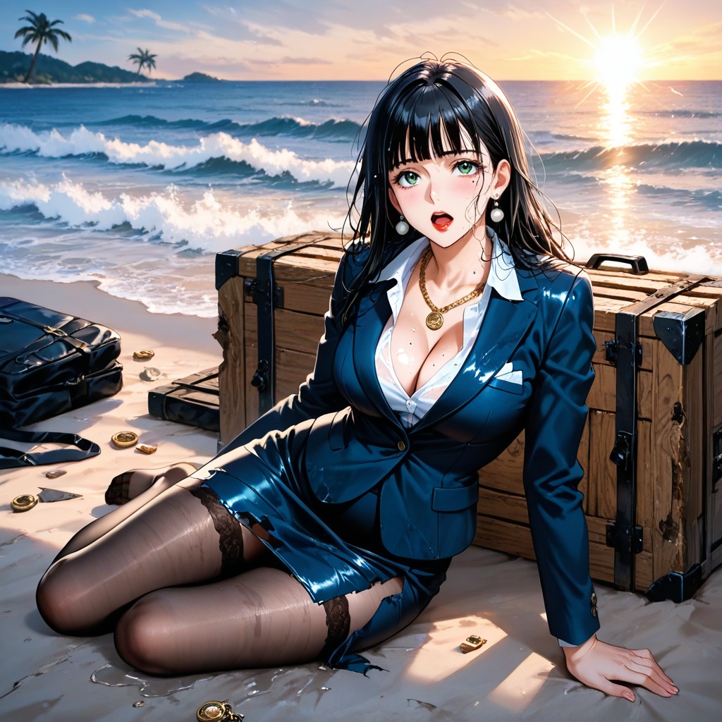 Blunt Hair Bangs, Navy Pencil Skirt, Hard Lighting Hentai AI Porn