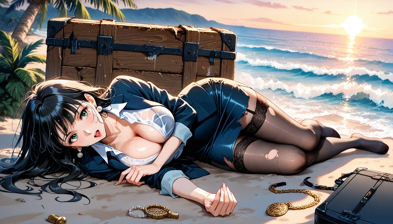 Medium Breast, Navy Blouse Jacket, Red Sensual Lips Hentai AI Porn