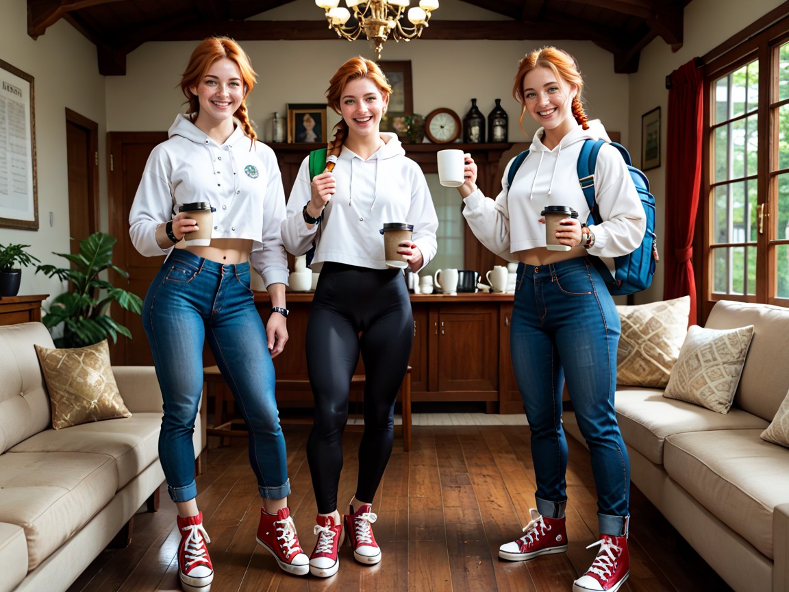 Living Room, Clothed Men Drinking Coffee, Side View Hentai AI Porn
