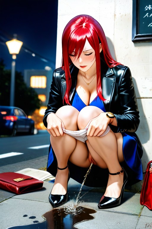 Skinny, Urinating, Beige-white Panties Pulled Down To The Legs Hentai AI Porn