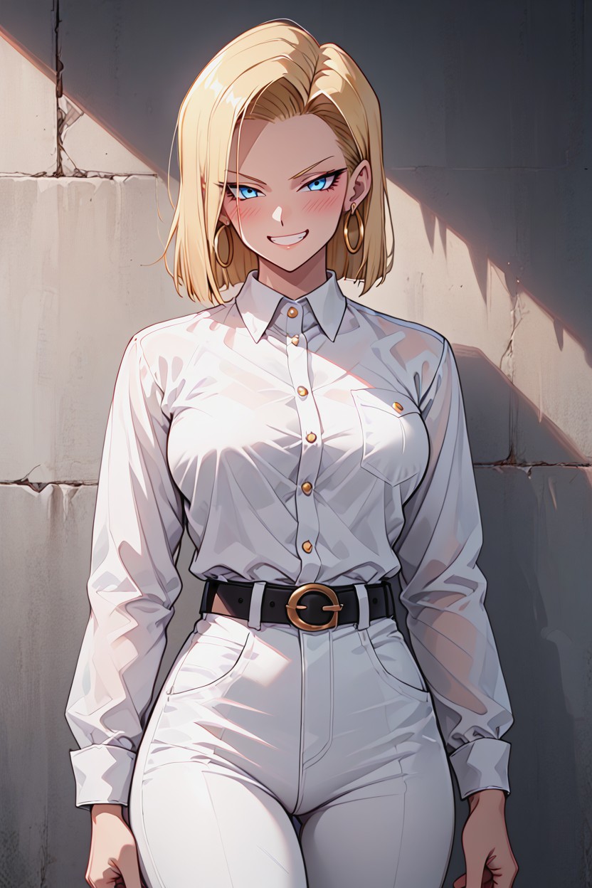 Mouth Closed Blonde Hair Blue Eyes, Hoop Earrings, Smug Smile Hentai AI Porn