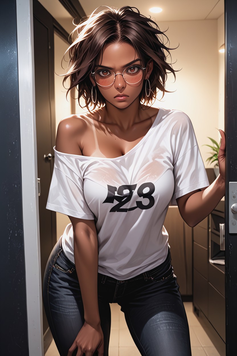 Down T-shirt, Too Tight Black Jeans, Loose T-shirt Hentai AI Porn