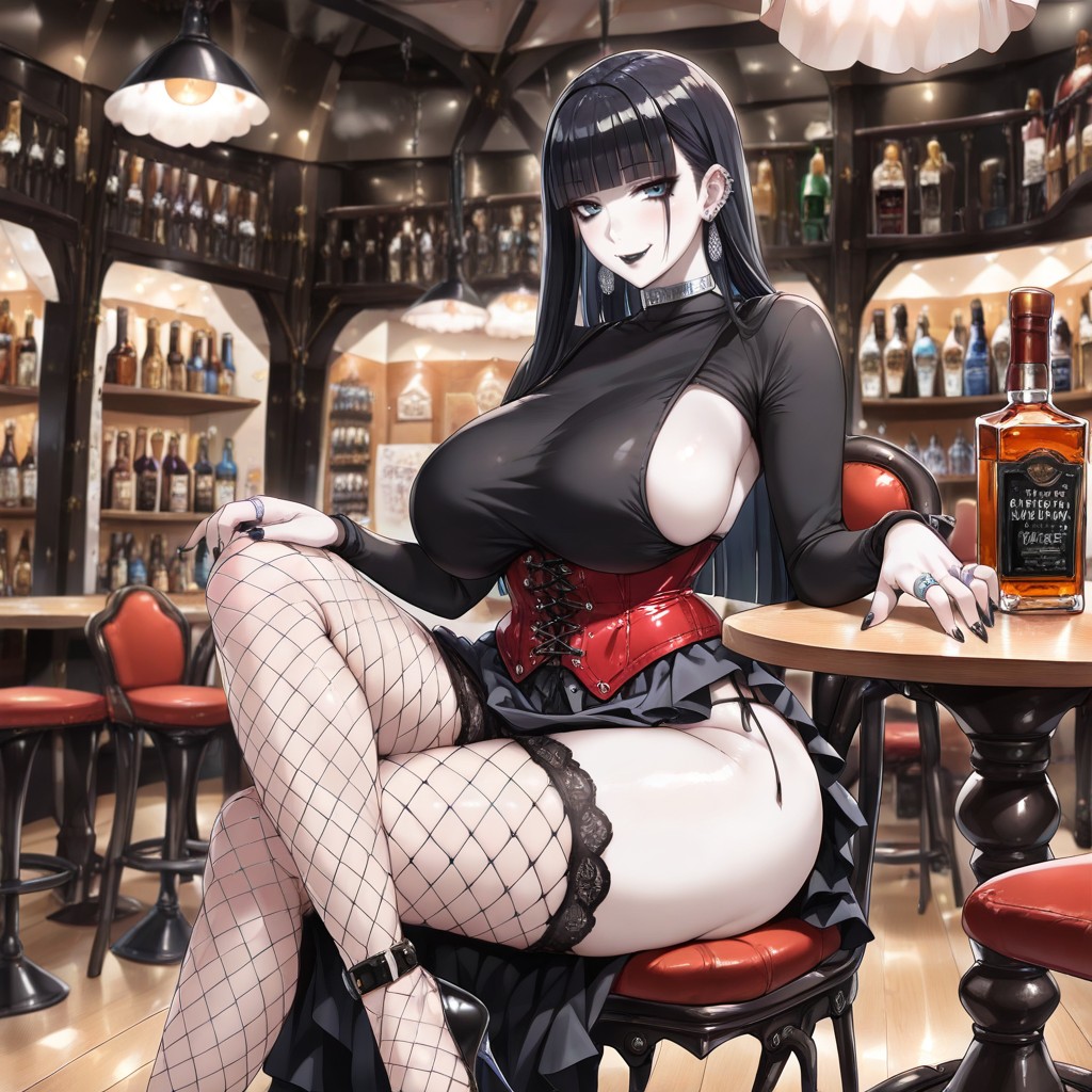 Sitting At A Round Table On A Chair, Curvy Woman, Wooden Bar Counter Hentai AI Porn
