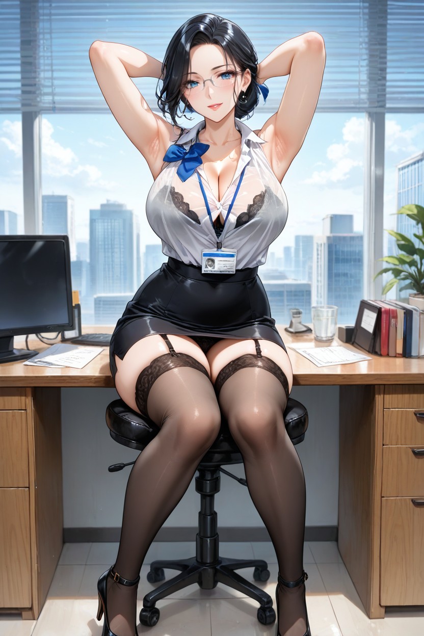 Cleavage, Blue Eyes, Black Shoes With Very High Heels Hentai AI Porn