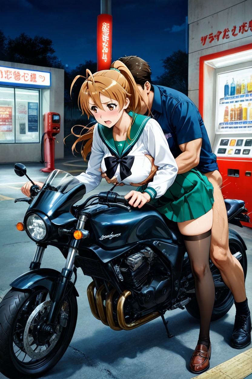 Motorbike, Green Skirt, Her Shirt Is Rolled Up Hentai AI Porn