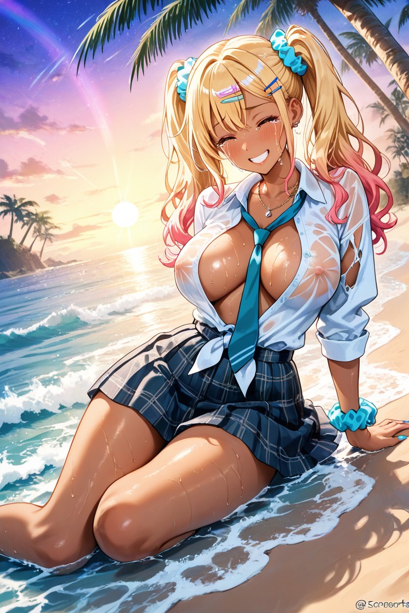 Beach And Ocean, Blonde Hair, Beautiful Japanese Hentai AI Porn