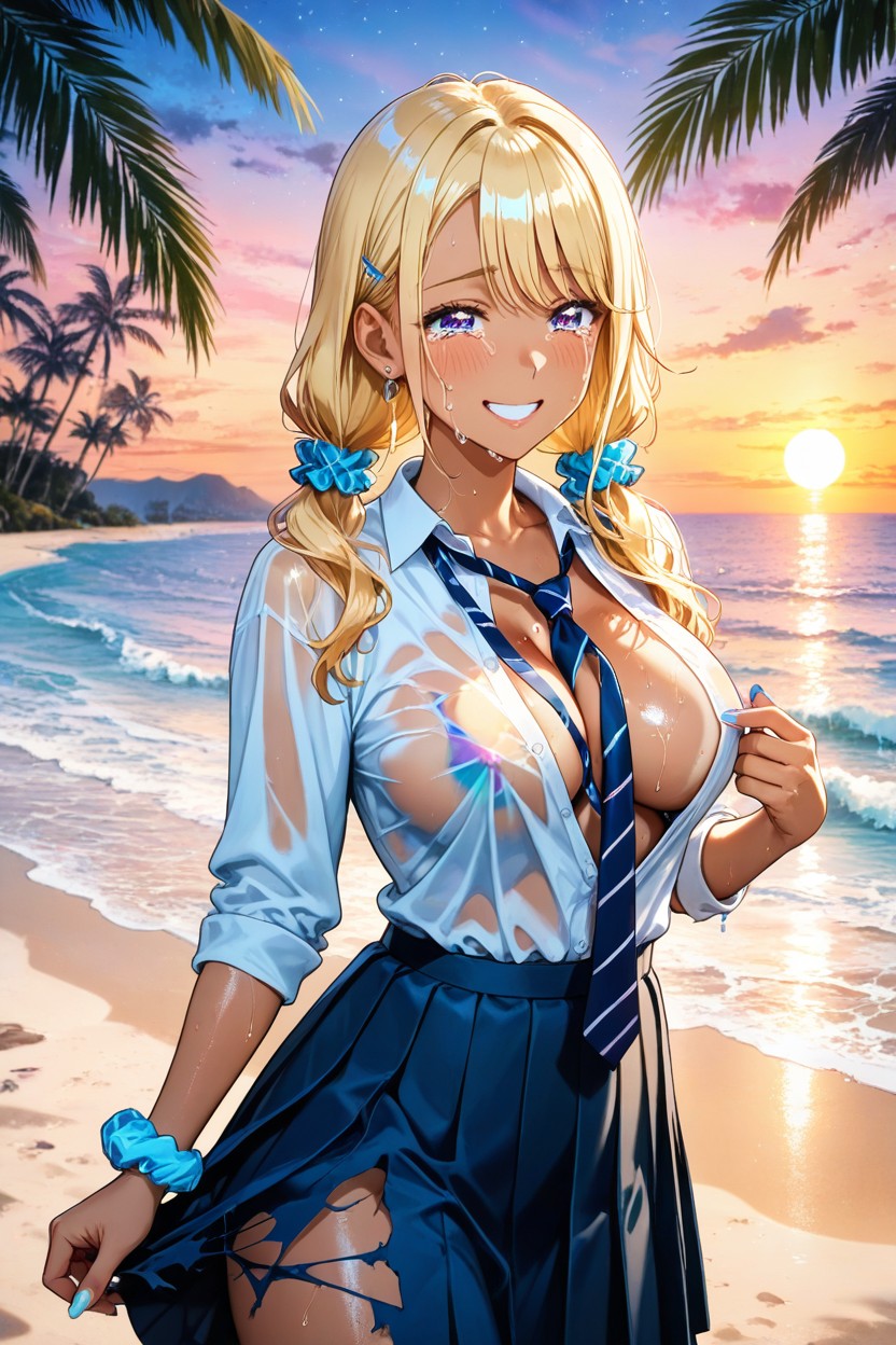 Light Blue Scrunchie, Beautiful Japanese, Rainbow Palm Trees Hentai AI Porn